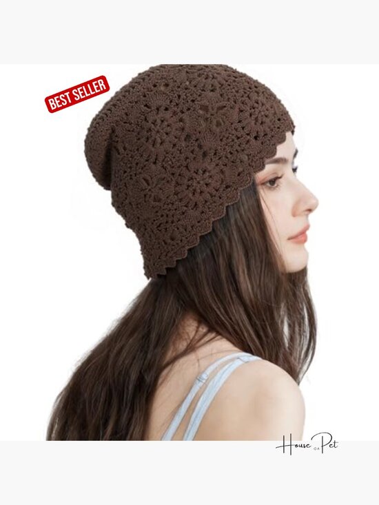100% Cotton Crochet Beanie Hat Handmade Knit Slouchy Floral Skull Hat Knitted main image 6